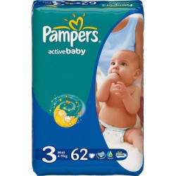Подгузники 62 шт. Pampers актив беби миди 4-9 кг р. 3